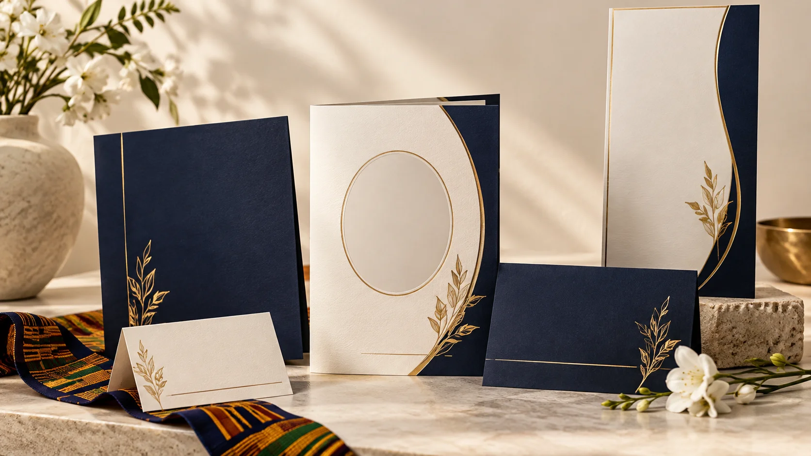 Coordinated navy and ivory funeral stationery with gold botanical details and a Kente ribbon.